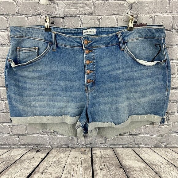 Ava & Viv Pants - Ava & Viv Shorts Mid Rise Midi Blue Denim 5 Pockets Button Fly Stretch 24W